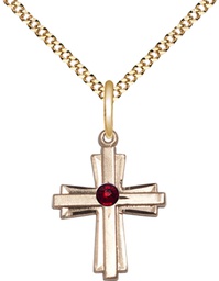 [0675YGF-STN1/18G] 14kt Gold Filled Cross Pendant with a 3mm Garnet Swarovski stone on a 18 inch Gold Plate Light Curb chain