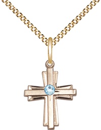 [0675YGF-STN3/18G] 14kt Gold Filled Cross Pendant with a 3mm Aqua Swarovski stone on a 18 inch Gold Plate Light Curb chain
