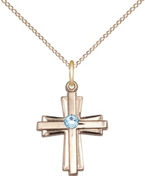 [0675YGF-STN3/18GF] 14kt Gold Filled Cross Pendant with a 3mm Aqua Swarovski stone on a 18 inch Gold Filled Light Curb chain