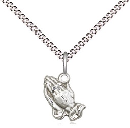 [0220SS/18S] Sterling Silver Praying Hands Pendant on a 18 inch Light Rhodium Light Curb chain
