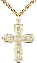 [6034GF/24G] 14kt Gold Filled Jesus Christus Cross Pendant on a 24 inch Gold Plate Heavy Curb chain