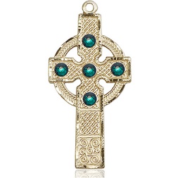 [0252KT-STN5] 14kt Gold Kilklispeen Cross w/ Emerald Stone Medal with a 3mm Emerald Swarovski stone
