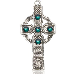 [0252SS-STN5] Sterling Silver Kilklispeen Cross w/ Emerald Stone Medal with a 3mm Emerald Swarovski stone