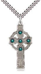 [0252SS-STN5/24S] Sterling Silver Kilklispeen Cross w/ Emerald Stone Pendant with a 3mm Emerald Swarovski stone on a 24 inch Light Rhodium Heavy Curb chain