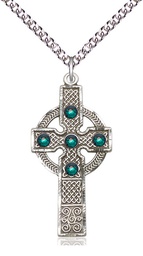 [0252SS-STN5/24SS] Sterling Silver Kilklispeen Cross w/ Emerald Stone Pendant with a 3mm Emerald Swarovski stone on a 24 inch Sterling Silver Heavy Curb chain