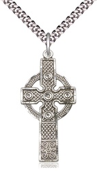 [0252SS/24S] Sterling Silver Kilklispeen Cross Pendant on a 24 inch Light Rhodium Heavy Curb chain