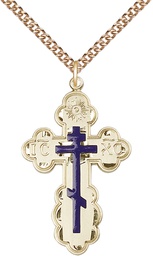 [0258EGF/24GF] 14kt Gold Filled Saint Olga Cross Pendant on a 24 inch Gold Filled Heavy Curb chain