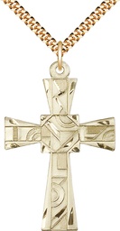 [6032GF/24G] 14kt Gold Filled Mosaic Cross Pendant on a 24 inch Gold Plate Heavy Curb chain