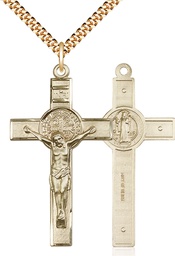 [0645GF/24G] 14kt Gold Filled Saint Benedict Crucifix Pendant on a 24 inch Gold Plate Heavy Curb chain