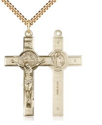 [0645GF/24G] 14kt Gold Filled Saint Benedict Crucifix Pendant on a 24 inch Gold Plate Heavy Curb chain