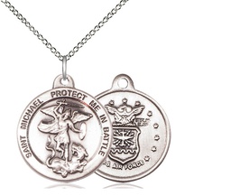 [0344SS1/18SS] Sterling Silver Saint Michael Air Force Pendant on a 18 inch Sterling Silver Light Curb chain