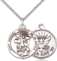 [0344SS6/18S] Sterling Silver Saint Michael Navy Pendant on a 18 inch Light Rhodium Light Curb chain