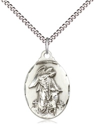 [0599ESS/18S] Sterling Silver Guardian Angel Pendant on a 18 inch Light Rhodium Light Curb chain
