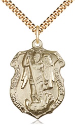 [5448GF/24G] 14kt Gold Filled Saint Michael the Archangel Shield Pendant on a 24 inch Gold Plate Heavy Curb chain