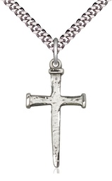 [0085SS/24S] Sterling Silver Nail Cross Pendant on a 24 inch Light Rhodium Heavy Curb chain