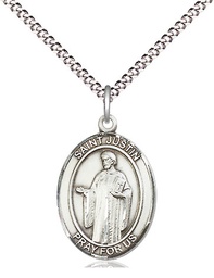 [8052SS/18S] Sterling Silver Saint Justin Pendant on a 18 inch Light Rhodium Light Curb chain