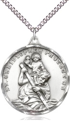[0203CSS/24SS] Sterling Silver Saint Christopher Pendant on a 24 inch Sterling Silver Heavy Curb chain