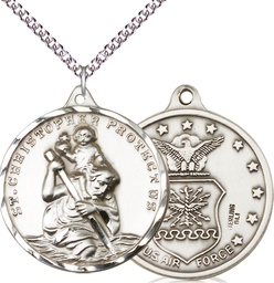 [0203SS1/24SS] Sterling Silver Saint Christopher Air Force Pendant on a 24 inch Sterling Silver Heavy Curb chain