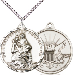[0203SS6/24SS] Sterling Silver Saint Christopher Navy Pendant on a 24 inch Sterling Silver Heavy Curb chain