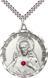 [0203SSS-STN7/24S] Sterling Silver Scapular w/ Ruby Stone Pendant with a 3mm Ruby Swarovski stone on a 24 inch Light Rhodium Heavy Curb chain