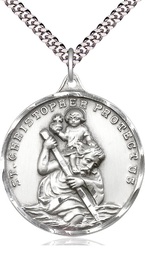 [0203CSS/24S] Sterling Silver Saint Christopher Pendant on a 24 inch Light Rhodium Heavy Curb chain