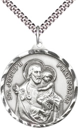 [0203KSS/24S] Sterling Silver Saint Joseph Pendant on a 24 inch Light Rhodium Heavy Curb chain