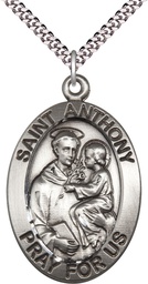 [0421SS/24S] Sterling Silver Saint Anthony Pendant on a 24 inch Light Rhodium Heavy Curb chain
