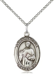 [8240SS/18SS] Sterling Silver Saint Placidus Pendant on a 18 inch Sterling Silver Light Curb chain