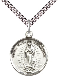 [2075SS/24S] Sterling Silver Our Lady of Guadalupe Pendant on a 24 inch Light Rhodium Heavy Curb chain