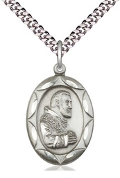 [0801PISS/24S] Sterling Silver Saint Pio of Pietrelcina Pendant on a 24 inch Light Rhodium Heavy Curb chain