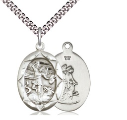 [0801RSS/24S] Sterling Silver Saint Michael the Archangel Pendant on a 24 inch Light Rhodium Heavy Curb chain