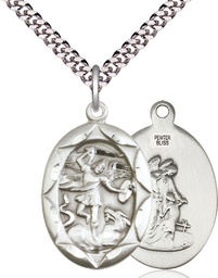 [0801RSS/24S] Sterling Silver Saint Michael the Archangel Pendant on a 24 inch Light Rhodium Heavy Curb chain