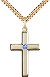 [2190GF-STN9/24G] 14kt Gold Filled Cross Pendant with a 3mm Sapphire Swarovski stone on a 24 inch Gold Plate Heavy Curb chain