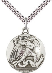 [0840SS/24S] Sterling Silver Saint Michael the Archangel Pendant on a 24 inch Light Rhodium Heavy Curb chain