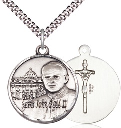 [1013SS/24S] Sterling Silver Saint John Paul II Vatican Pendant on a 24 inch Light Rhodium Heavy Curb chain