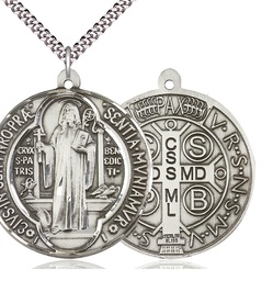 [1057SS/24S] Sterling Silver Saint Benedict Pendant on a 24 inch Light Rhodium Heavy Curb chain