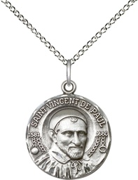 [1155SS/18SS] Sterling Silver Saint Vincent de Paul Pendant on a 18 inch Sterling Silver Light Curb chain