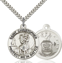 [1174SS1/24S] Sterling Silver Saint Christopher Air Force Pendant on a 24 inch Light Rhodium Heavy Curb chain