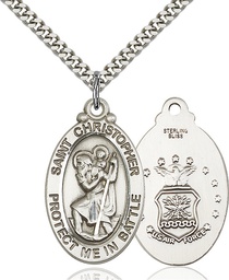 [1175SS1/24S] Sterling Silver Saint Christopher Air Force Pendant on a 24 inch Light Rhodium Heavy Curb chain