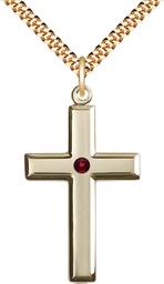 [2192GF-STN1/24G] 14kt Gold Filled Cross Pendant with a 3mm Garnet Swarovski stone on a 24 inch Gold Plate Heavy Curb chain