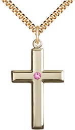 [2192GF-STN10/24G] 14kt Gold Filled Cross Pendant with a 3mm Rose Swarovski stone on a 24 inch Gold Plate Heavy Curb chain
