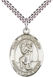 [1177SS/24S] Sterling Silver Saint Christopher Pendant on a 24 inch Light Rhodium Heavy Curb chain