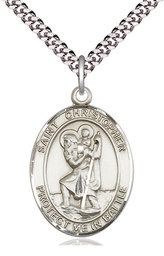 [1177SS/24S] Sterling Silver Saint Christopher Pendant on a 24 inch Light Rhodium Heavy Curb chain