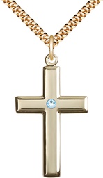 [2192GF-STN3/24G] 14kt Gold Filled Cross Pendant with a 3mm Aqua Swarovski stone on a 24 inch Gold Plate Heavy Curb chain
