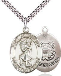 [1177SS3/24S] Sterling Silver Saint Christopher Coast Guard Pendant on a 24 inch Light Rhodium Heavy Curb chain