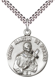 [1196SS/24S] Sterling Silver Saint Martin de Porres Pendant on a 24 inch Light Rhodium Heavy Curb chain