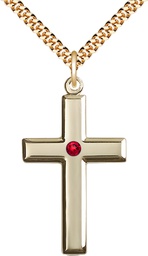 [2192GF-STN7/24G] 14kt Gold Filled Cross Pendant with a 3mm Ruby Swarovski stone on a 24 inch Gold Plate Heavy Curb chain