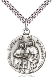 [1368SS/24S] Sterling Silver Saints Cosmas &amp; Damian Pendant on a 24 inch Light Rhodium Heavy Curb chain