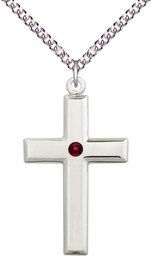 [2192SS-STN1/24SS] Sterling Silver Cross Pendant with a 3mm Garnet Swarovski stone on a 24 inch Sterling Silver Heavy Curb chain