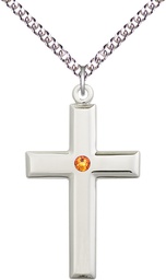 [2192SS-STN11/24SS] Sterling Silver Cross Pendant with a 3mm Topaz Swarovski stone on a 24 inch Sterling Silver Heavy Curb chain